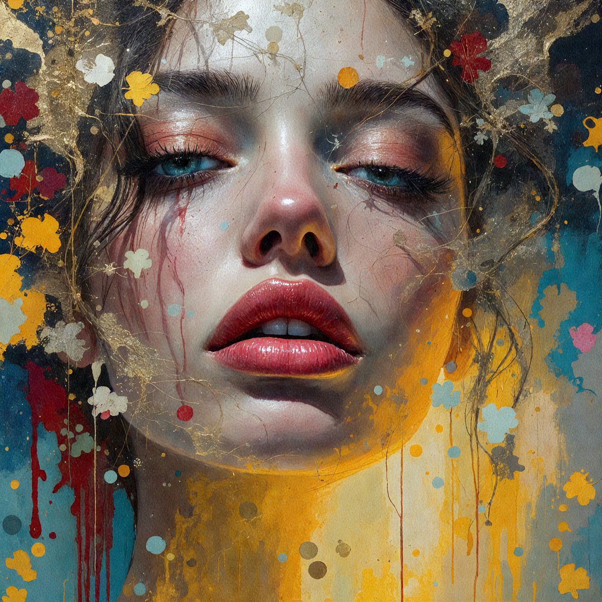 The primary subject of the image is a woman with red lips, who is the main focus of the scene. She is surrounded by a vibrant and colorful background, which includes a mix of yellow, blue, and red colors. The visual style of the image is a combination of digital art and illustration, creating a unique and artistic representation of the woman. The overall atmosphere of the image is lively and energetic, with the woman's lips and the colorful background drawing the viewer's attention.